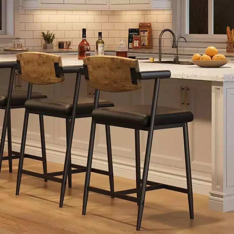 Lot de 2 tabourets de bar Acekool à hauteur de comptoir avec accoudoirs, assise et dossier larges rembourrés, cadre en métal avec repose-pieds pour îlot de cuisine, marron rustique