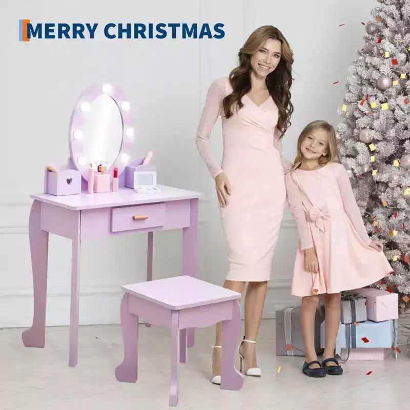TROPOW Coiffeuse Enfant avec Miroir Lumineux, Ensemble Table et Chaise de Coiffeuse pour Tout-Petits, Kit de Maquillage Fille, Violet