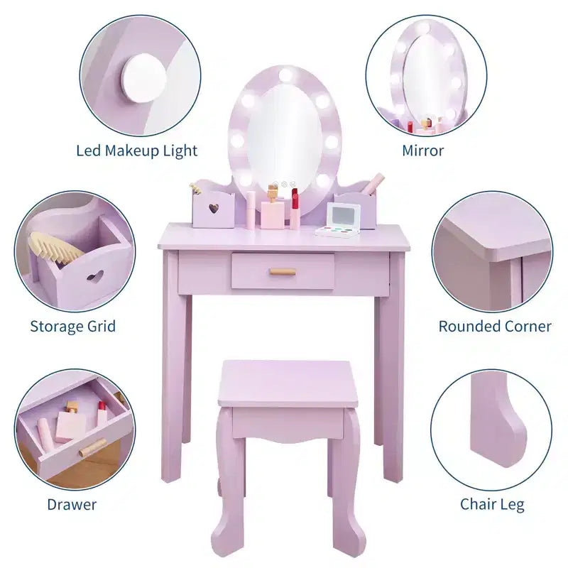 TROPOW Coiffeuse Enfant avec Miroir Lumineux, Ensemble Table et Chaise de Coiffeuse pour Tout-Petits, Kit de Maquillage Fille, Violet