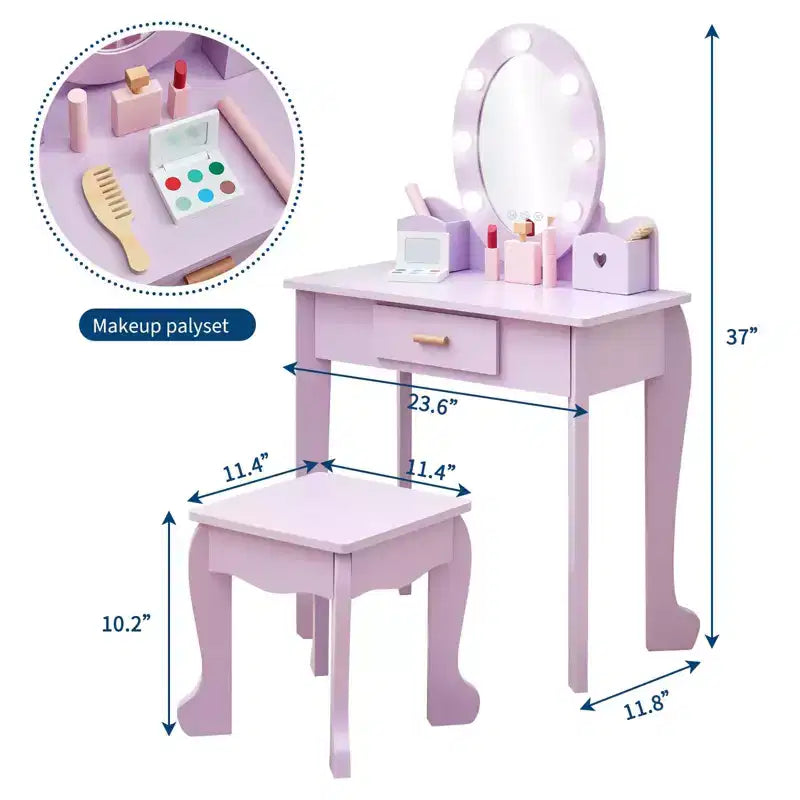 TROPOW Coiffeuse Enfant avec Miroir Lumineux, Ensemble Table et Chaise de Coiffeuse pour Tout-Petits, Kit de Maquillage Fille, Violet