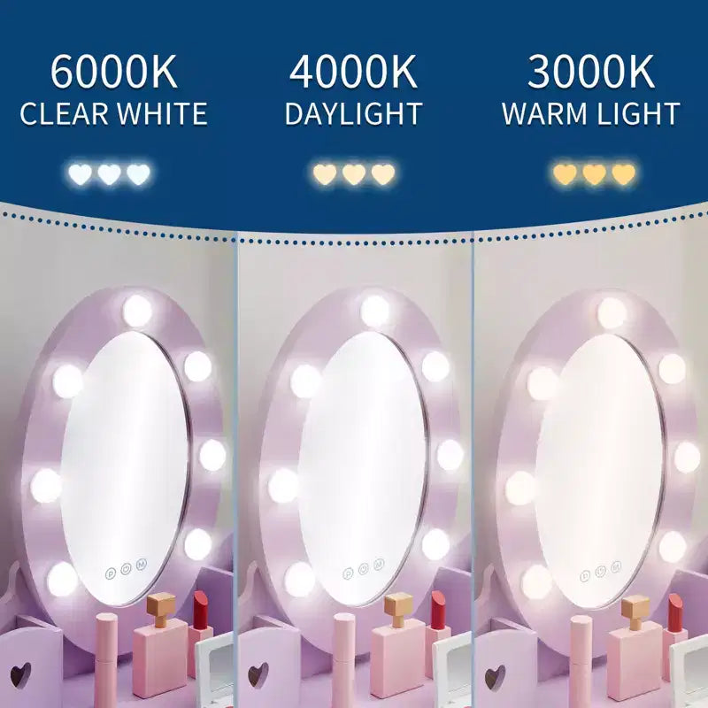 TROPOW Coiffeuse Enfant avec Miroir Lumineux, Ensemble Table et Chaise de Coiffeuse pour Tout-Petits, Kit de Maquillage Fille, Violet