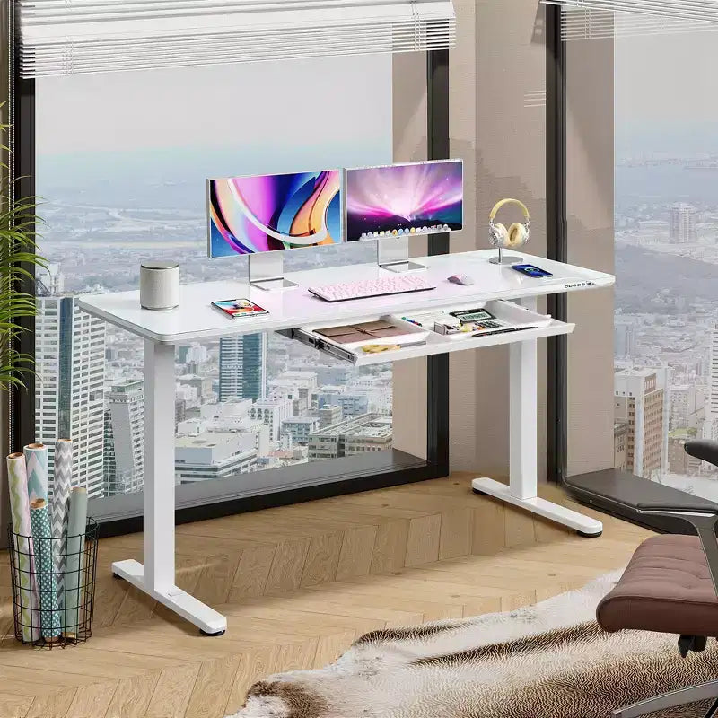 GALAXHERO Bureau électrique debout de 55 pouces avec tiroirs, bureau réglable en hauteur en verre monobloc, bureau debout à installation rapide, blanc