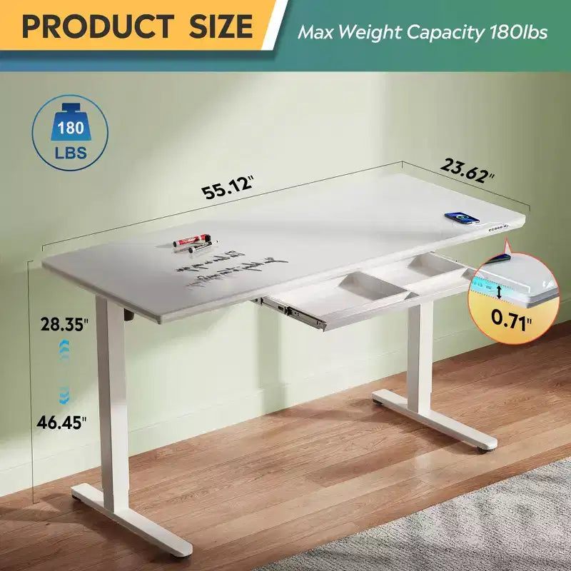 GALAXHERO Bureau électrique debout de 55 pouces avec tiroirs, bureau réglable en hauteur en verre monobloc, bureau debout à installation rapide, blanc