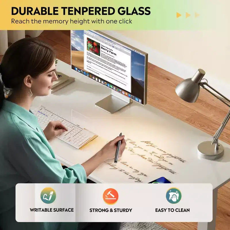 GALAXHERO Bureau électrique debout de 55 pouces avec tiroirs, bureau réglable en hauteur en verre monobloc, bureau debout à installation rapide, blanc