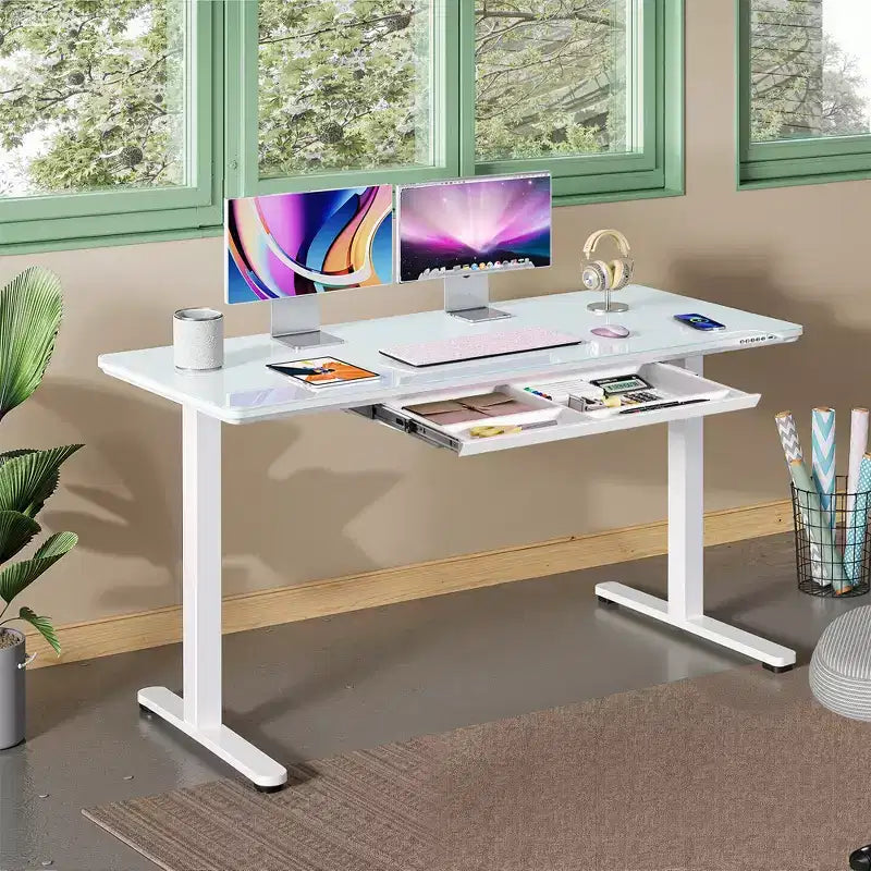 GALAXHERO Bureau électrique debout de 55 pouces avec tiroirs, bureau réglable en hauteur en verre monobloc, bureau debout à installation rapide, blanc
