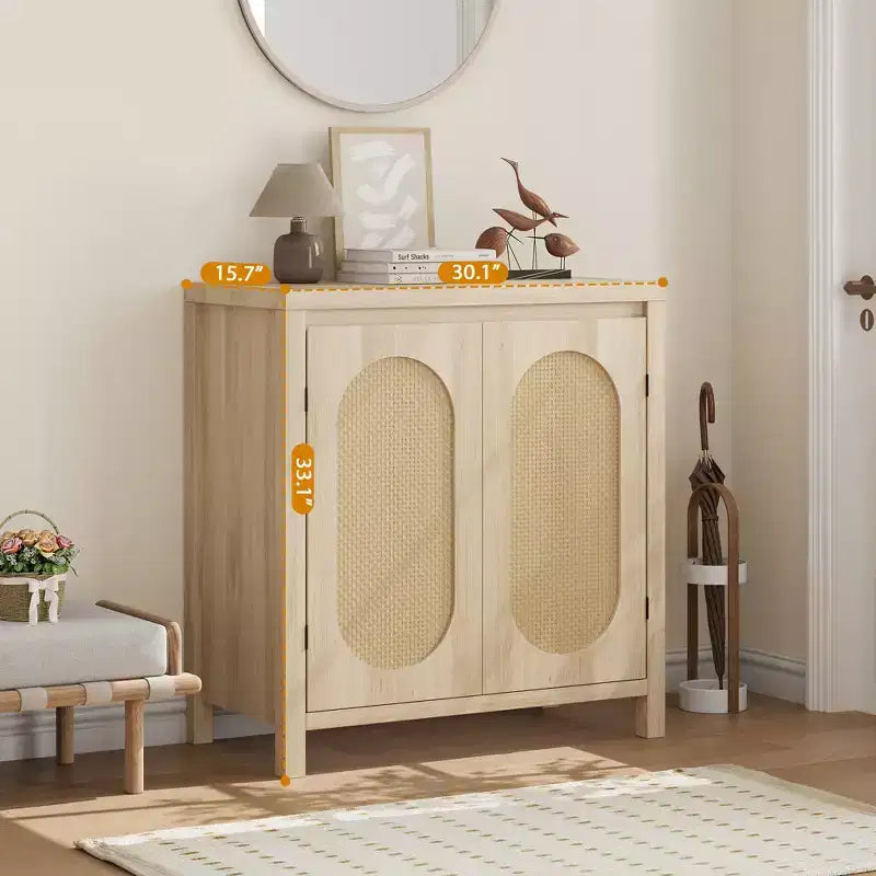 Buffet bahut des années 50 - Meuble de rangement rétro avec portes en rotin et étagères réglables, console d'appoint chic et bohème pour salon