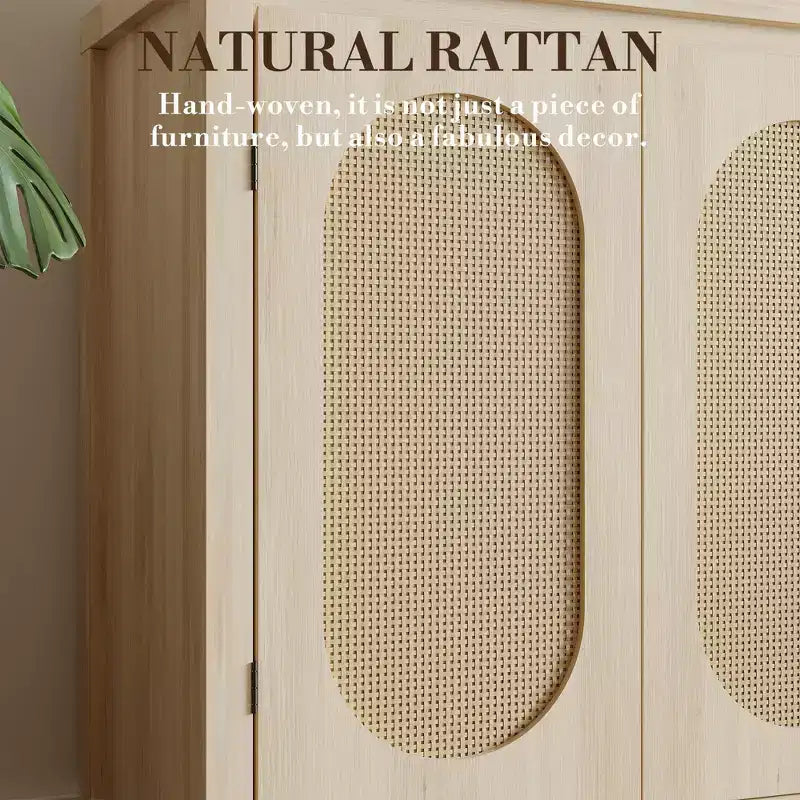 Buffet bahut des années 50 - Meuble de rangement rétro avec portes en rotin et étagères réglables, console d'appoint chic et bohème pour salon