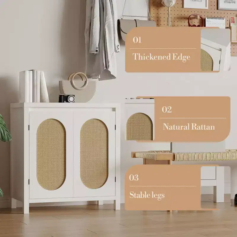 Buffet bahut des années 50 - Meuble de rangement rétro avec portes en rotin et étagères réglables, console d'appoint chic et bohème pour salon