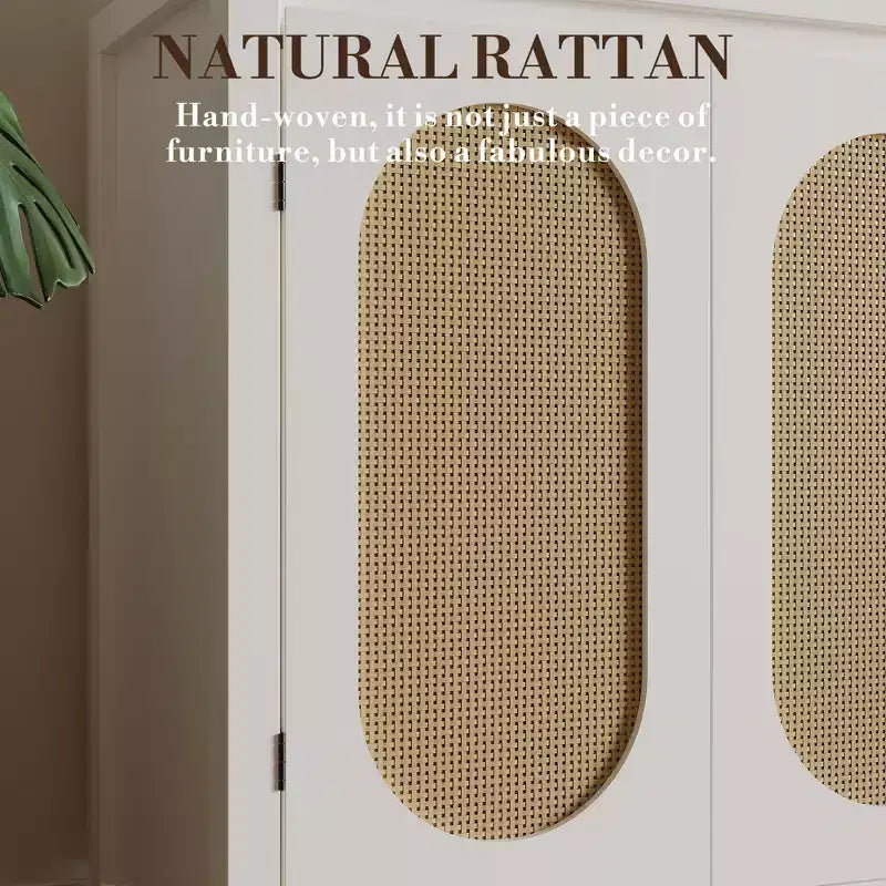 Buffet bahut des années 50 - Meuble de rangement rétro avec portes en rotin et étagères réglables, console d'appoint chic et bohème pour salon