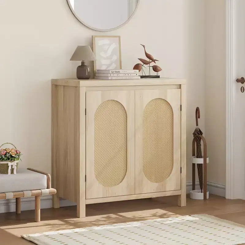 Buffet bahut des années 50 - Meuble de rangement rétro avec portes en rotin et étagères réglables, console d'appoint chic et bohème pour salon