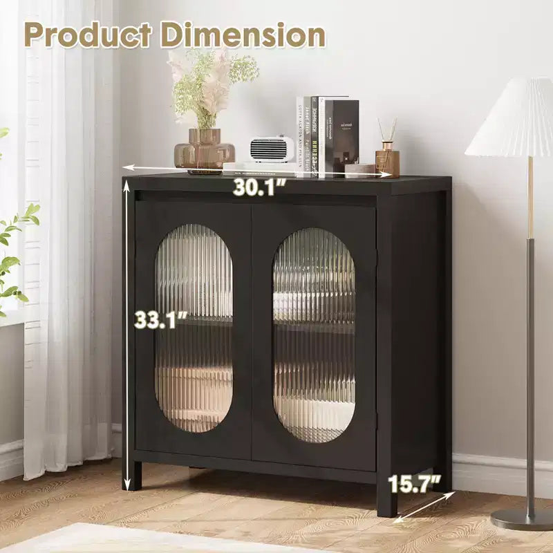 Buffet moderne avec portes en verre et étagères réglables - Meuble de rangement noir pour salon