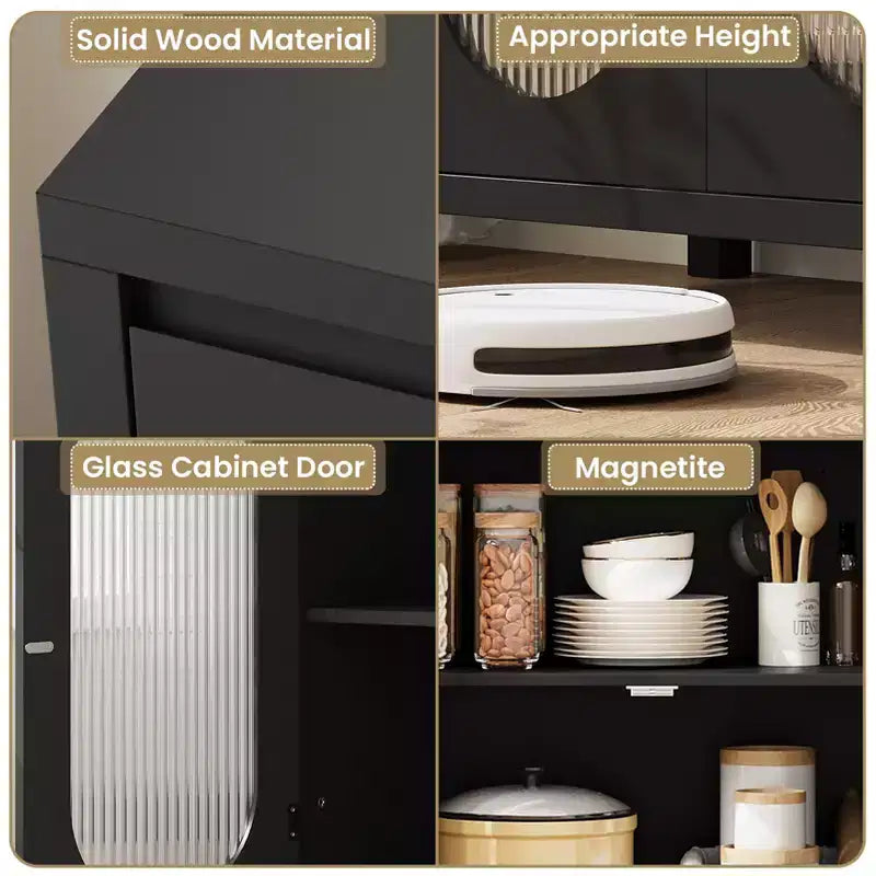 Buffet moderne avec portes en verre et étagères réglables - Meuble de rangement noir pour salon