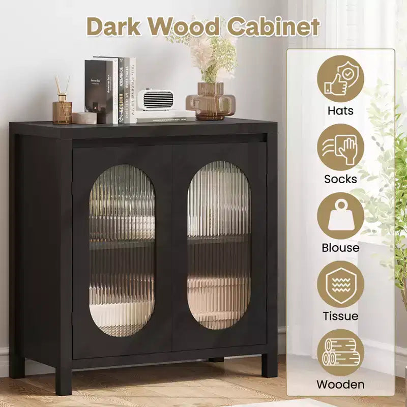 Buffet moderne avec portes en verre et étagères réglables - Meuble de rangement noir pour salon