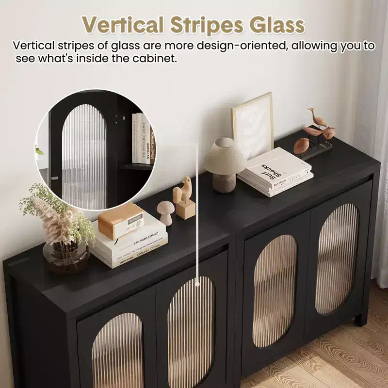 Buffet moderne avec portes en verre et étagères réglables - Meuble de rangement noir pour salon