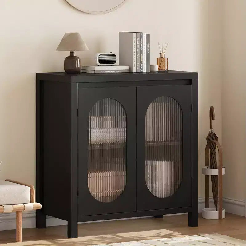 Buffet moderne avec portes en verre et étagères réglables - Meuble de rangement noir pour salon