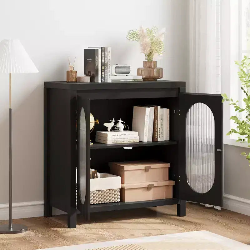 Buffet moderne avec portes en verre et étagères réglables - Meuble de rangement noir pour salon