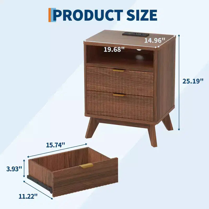 Table de chevet GustoWave moderne cannelée, table d'appoint en bois, table de bout avec 2 tiroirs + étagère ouverte, table de chevet pour chambre à coucher, salon