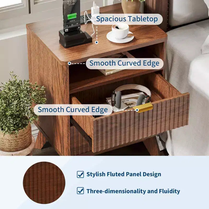 Table de chevet GustoWave moderne cannelée, table d'appoint en bois, table de bout avec 2 tiroirs + étagère ouverte, table de chevet pour chambre à coucher, salon