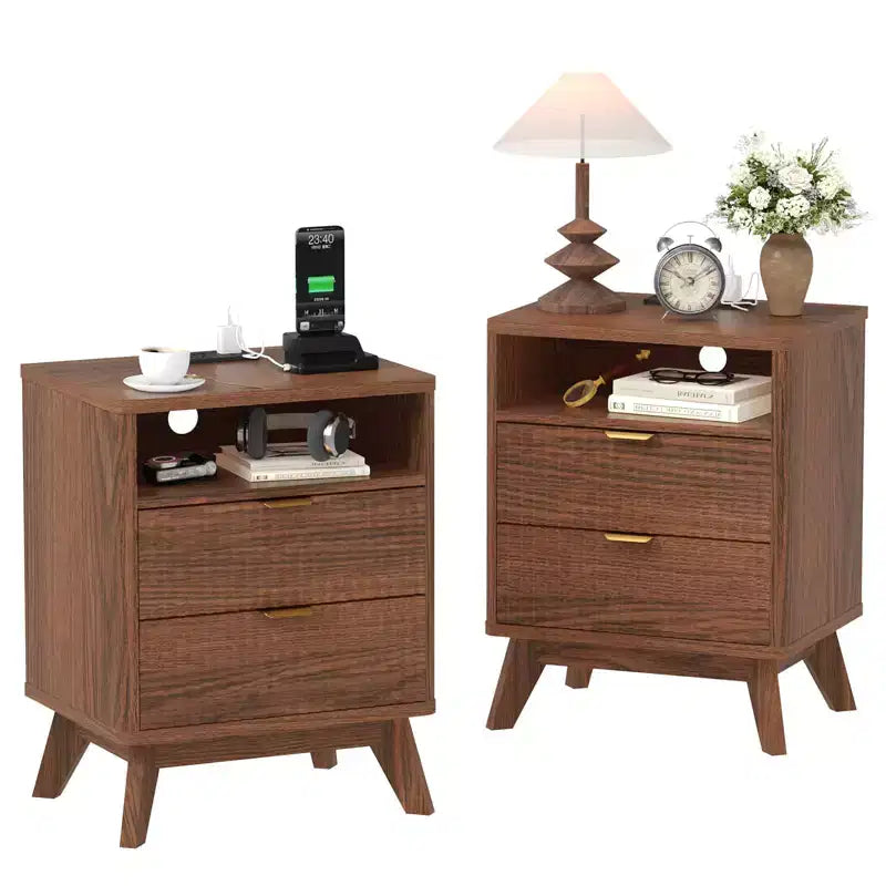 Table de chevet GustoWave moderne cannelée, table d'appoint en bois, table de bout avec 2 tiroirs + étagère ouverte, table de chevet pour chambre à coucher, salon