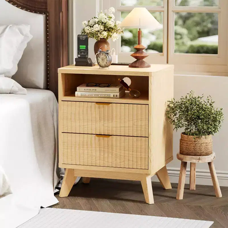 Table de chevet GustoWave moderne cannelée, table d'appoint en bois, table de bout avec 2 tiroirs + étagère ouverte, table de chevet pour chambre à coucher, salon