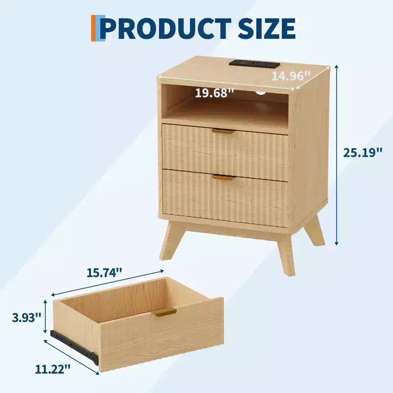 Table de chevet GustoWave moderne cannelée, table d'appoint en bois, table de bout avec 2 tiroirs + étagère ouverte, table de chevet pour chambre à coucher, salon
