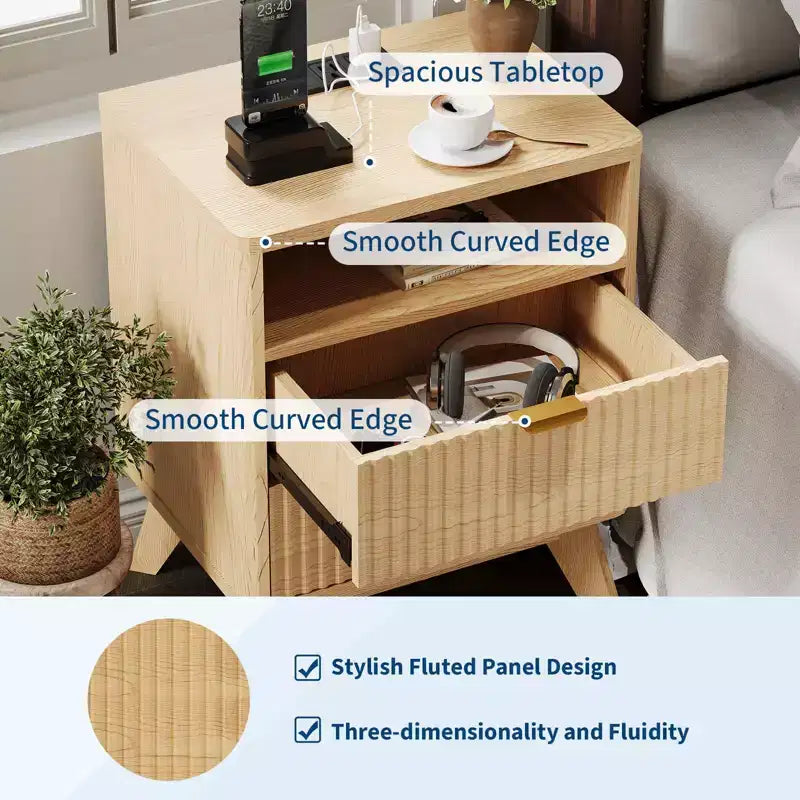 Table de chevet GustoWave moderne cannelée, table d'appoint en bois, table de bout avec 2 tiroirs + étagère ouverte, table de chevet pour chambre à coucher, salon