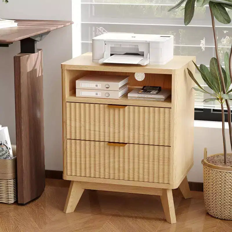 Table de chevet GustoWave moderne cannelée, table d'appoint en bois, table de bout avec 2 tiroirs + étagère ouverte, table de chevet pour chambre à coucher, salon
