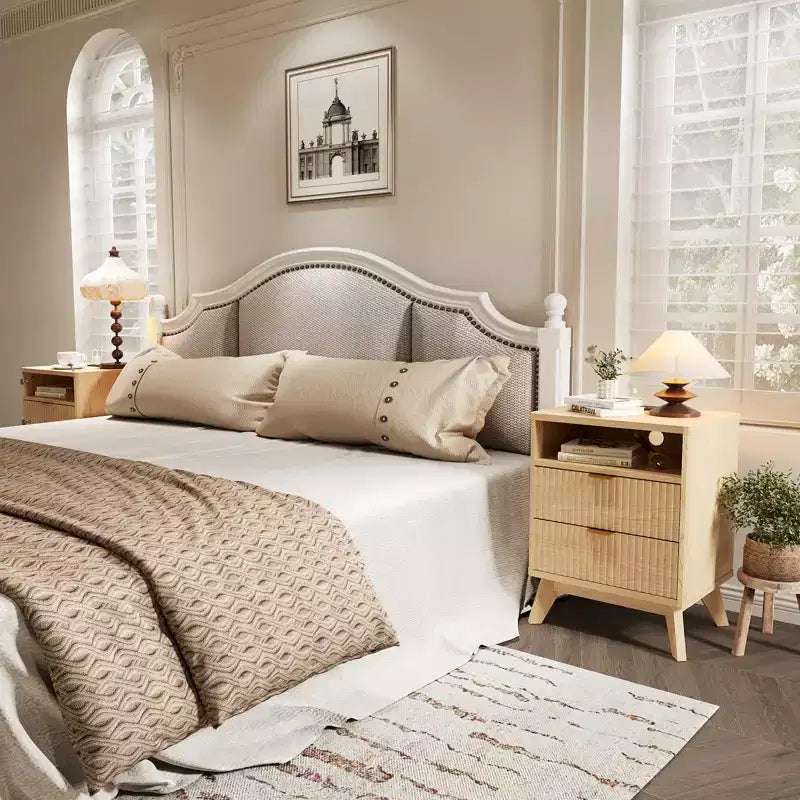 Table de chevet GustoWave moderne cannelée, table d'appoint en bois, table de bout avec 2 tiroirs + étagère ouverte, table de chevet pour chambre à coucher, salon