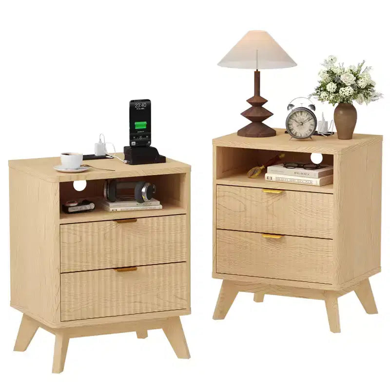Table de chevet GustoWave moderne cannelée, table d'appoint en bois, table de bout avec 2 tiroirs + étagère ouverte, table de chevet pour chambre à coucher, salon