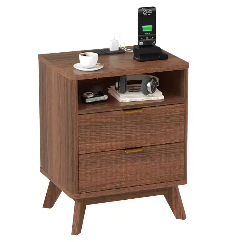 Table de chevet GustoWave moderne cannelée, table d'appoint en bois, table de bout avec 2 tiroirs + étagère ouverte, table de chevet pour chambre à coucher, salon