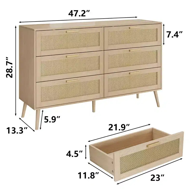 CLIHOME Commode en rotin à 6 tiroirs pour chambre à coucher, commode moderne à 6 tiroirs, armoire de rangement en rotin avec poignées en bois