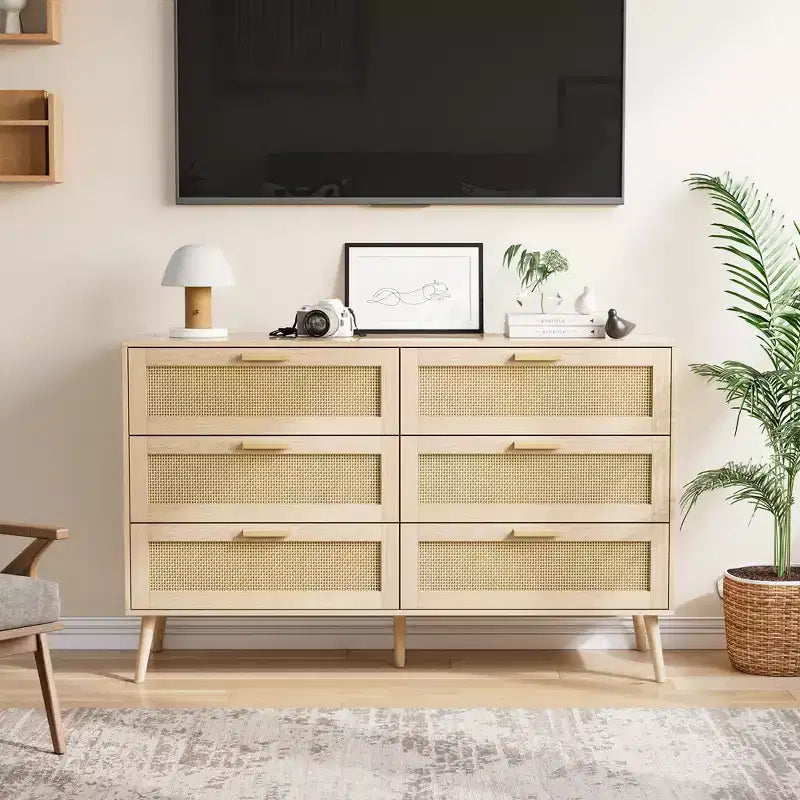 CLIHOME Commode en rotin à 6 tiroirs pour chambre à coucher, commode moderne à 6 tiroirs, armoire de rangement en rotin avec poignées en bois