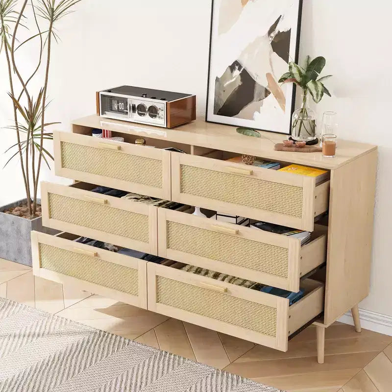 CLIHOME Commode en rotin à 6 tiroirs pour chambre à coucher, commode moderne à 6 tiroirs, armoire de rangement en rotin avec poignées en bois