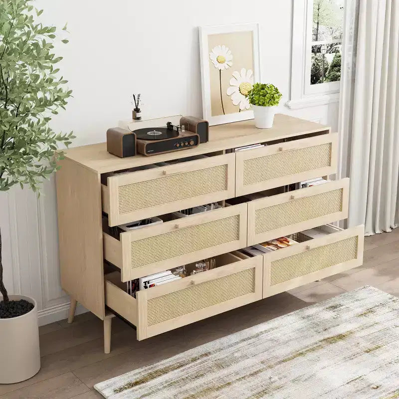 CLIHOME Commode en rotin à 6 tiroirs pour chambre à coucher, commode moderne à 6 tiroirs, armoire de rangement en rotin avec poignées en bois