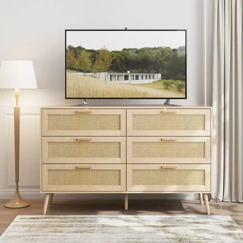 CLIHOME Commode en rotin à 6 tiroirs pour chambre à coucher, commode moderne à 6 tiroirs, armoire de rangement en rotin avec poignées en bois