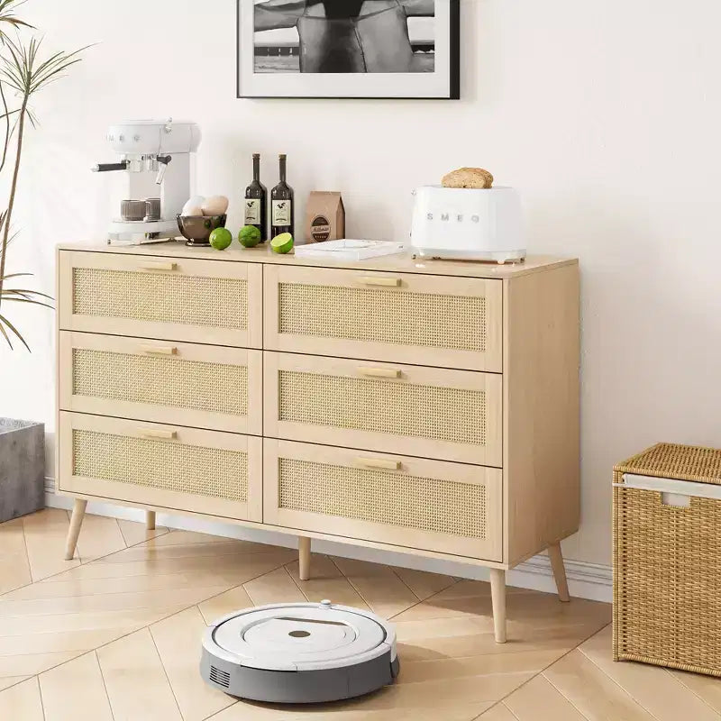 CLIHOME Commode en rotin à 6 tiroirs pour chambre à coucher, commode moderne à 6 tiroirs, armoire de rangement en rotin avec poignées en bois