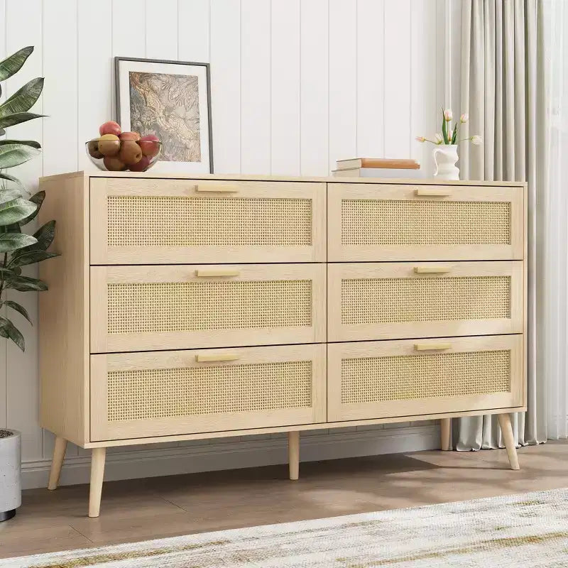 CLIHOME Commode en rotin à 6 tiroirs pour chambre à coucher, commode moderne à 6 tiroirs, armoire de rangement en rotin avec poignées en bois