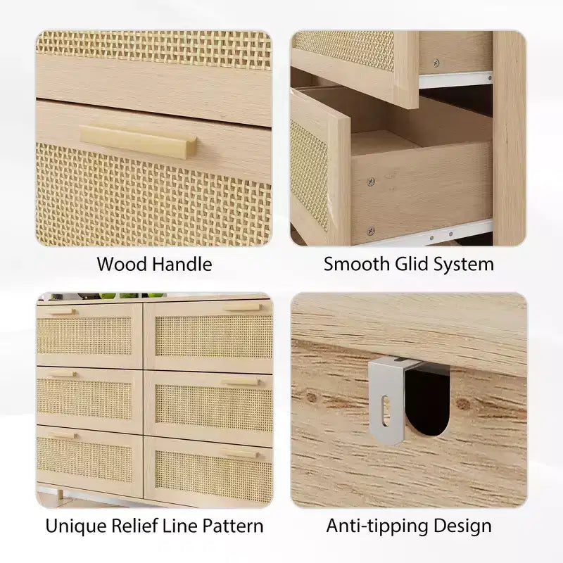 CLIHOME Commode en rotin à 6 tiroirs pour chambre à coucher, commode moderne à 6 tiroirs, armoire de rangement en rotin avec poignées en bois