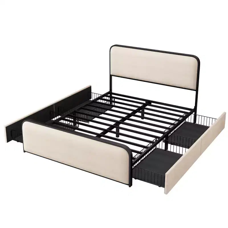 Lit plateforme moderne rembourré Merax avec 4 tiroirs de rangement sous le lit