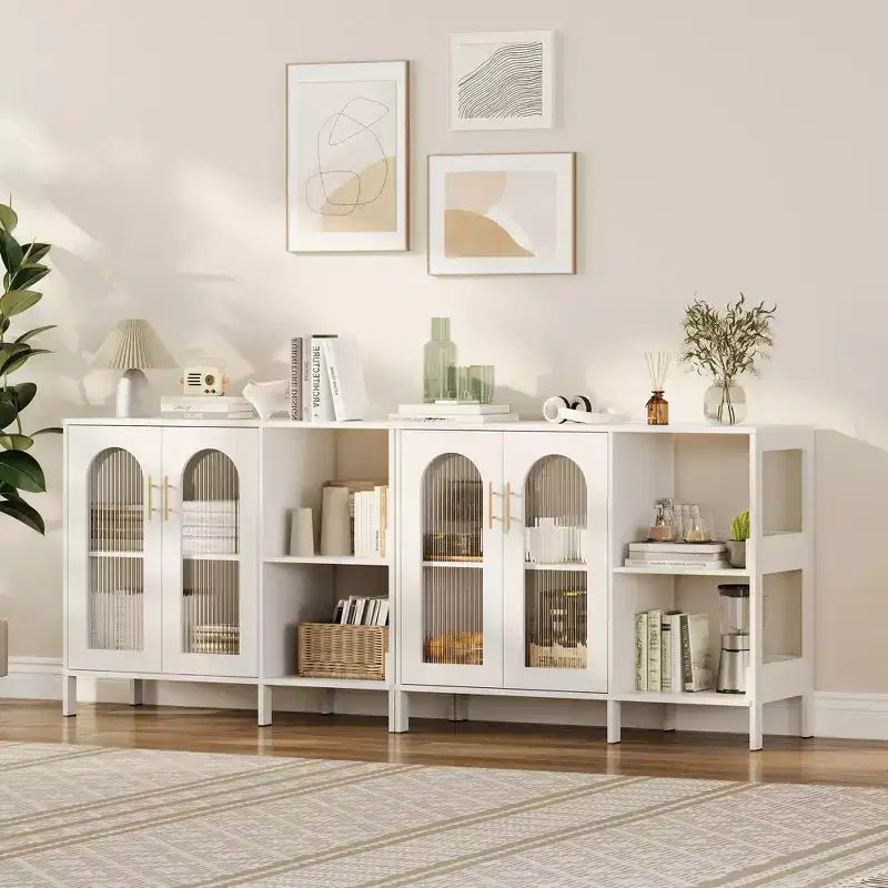 Buffet moderne, buffet avec portes vitrées et étagères réglables, meuble de rangement en bois avec poignées métalliques pour salon, cuisine