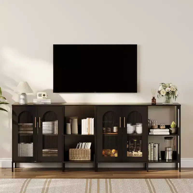 Buffet moderne, buffet avec portes vitrées et étagères réglables, meuble de rangement en bois avec poignées métalliques pour salon, cuisine