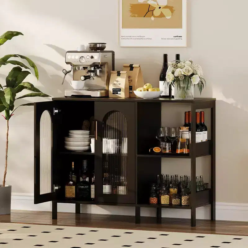Buffet moderne, buffet avec portes vitrées et étagères réglables, meuble de rangement en bois avec poignées métalliques pour salon, cuisine