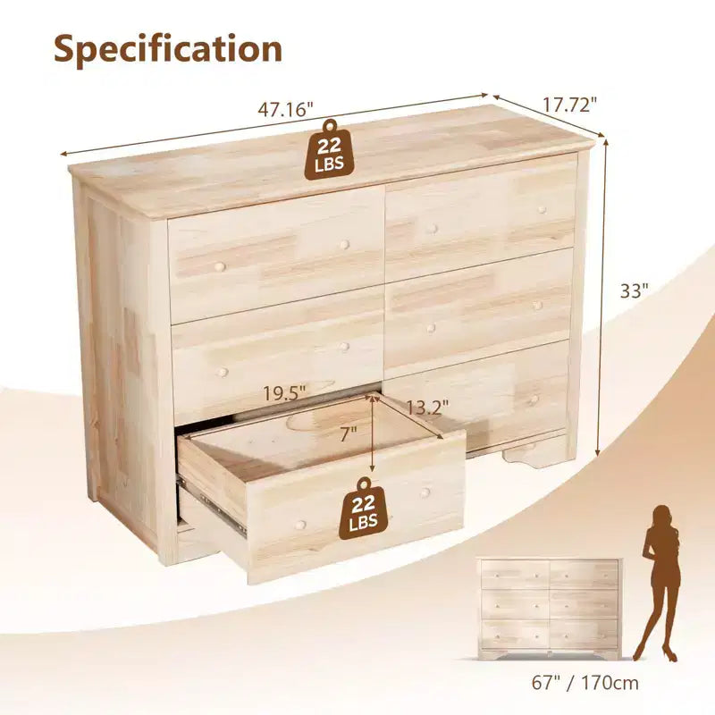 Karl Home Commode à 6 tiroirs en MDF (panneau de fibres à densité moyenne) naturel de 120 cm de largeur