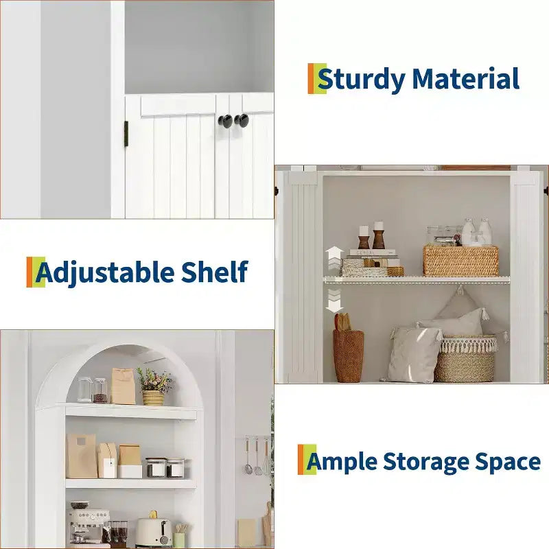 Garde-manger haut de 183 cm avec portes, garde-manger de cuisine à 5 niveaux avec étagères réglables et poignées dorées, meuble de rangement en bois pour salle à manger
