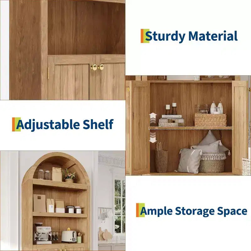 Garde-manger haut de 183 cm avec portes, garde-manger de cuisine à 5 niveaux avec étagères réglables et poignées dorées, meuble de rangement en bois pour salle à manger