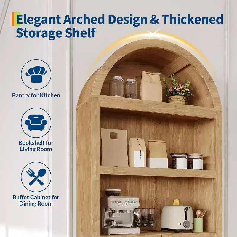 Garde-manger haut de 183 cm avec portes, garde-manger de cuisine à 5 niveaux avec étagères réglables et poignées dorées, meuble de rangement en bois pour salle à manger