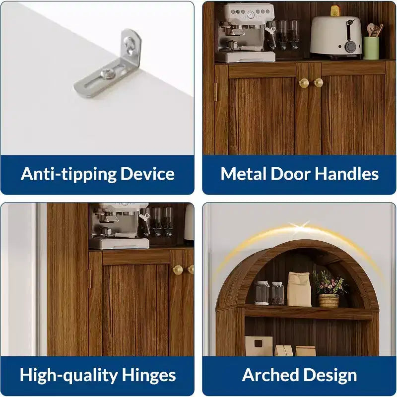 Garde-manger haut de 183 cm avec portes, garde-manger de cuisine à 5 niveaux avec étagères réglables et poignées dorées, meuble de rangement en bois pour salle à manger
