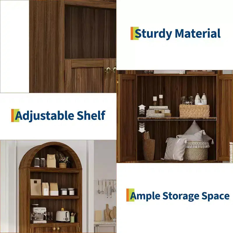 Garde-manger haut de 183 cm avec portes, garde-manger de cuisine à 5 niveaux avec étagères réglables et poignées dorées, meuble de rangement en bois pour salle à manger