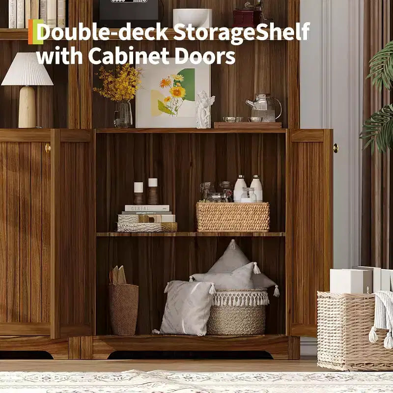 Garde-manger haut de 183 cm avec portes, garde-manger de cuisine à 5 niveaux avec étagères réglables et poignées dorées, meuble de rangement en bois pour salle à manger
