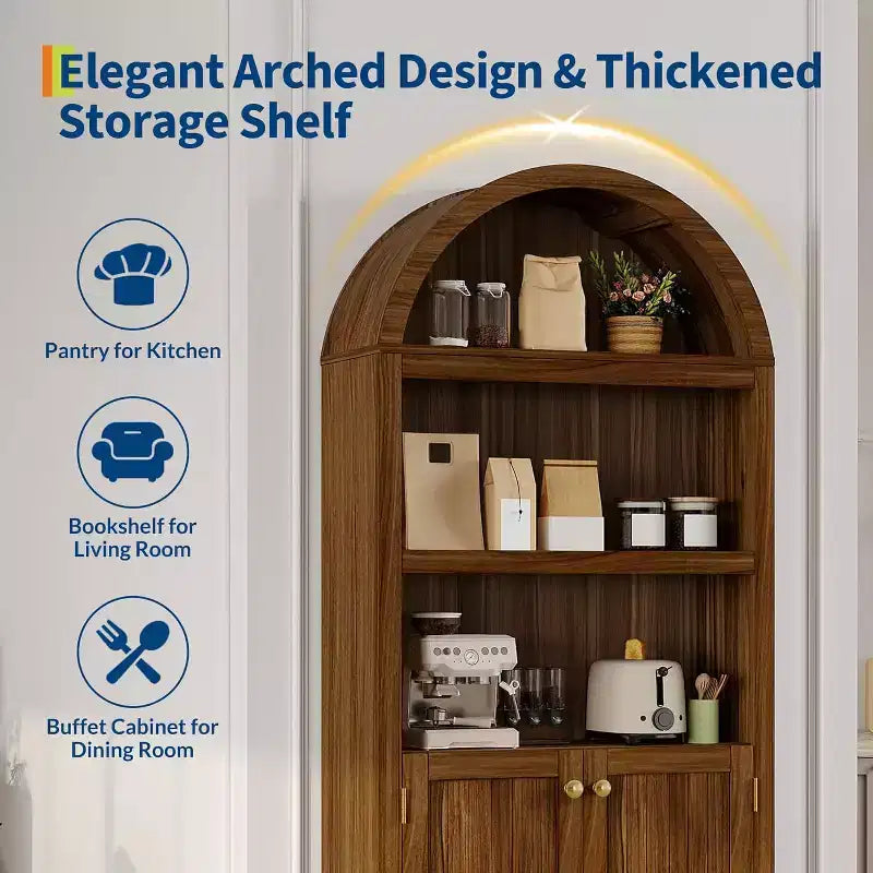 Garde-manger haut de 183 cm avec portes, garde-manger de cuisine à 5 niveaux avec étagères réglables et poignées dorées, meuble de rangement en bois pour salle à manger